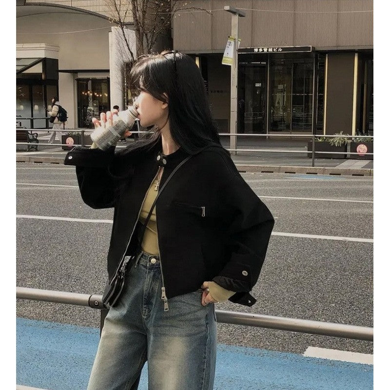 Retro American Coffee Brown Copper Zipper Button Short Jacket 2025 Autumn Trendy PU Leather Jacket Versatile for Dynamic Women