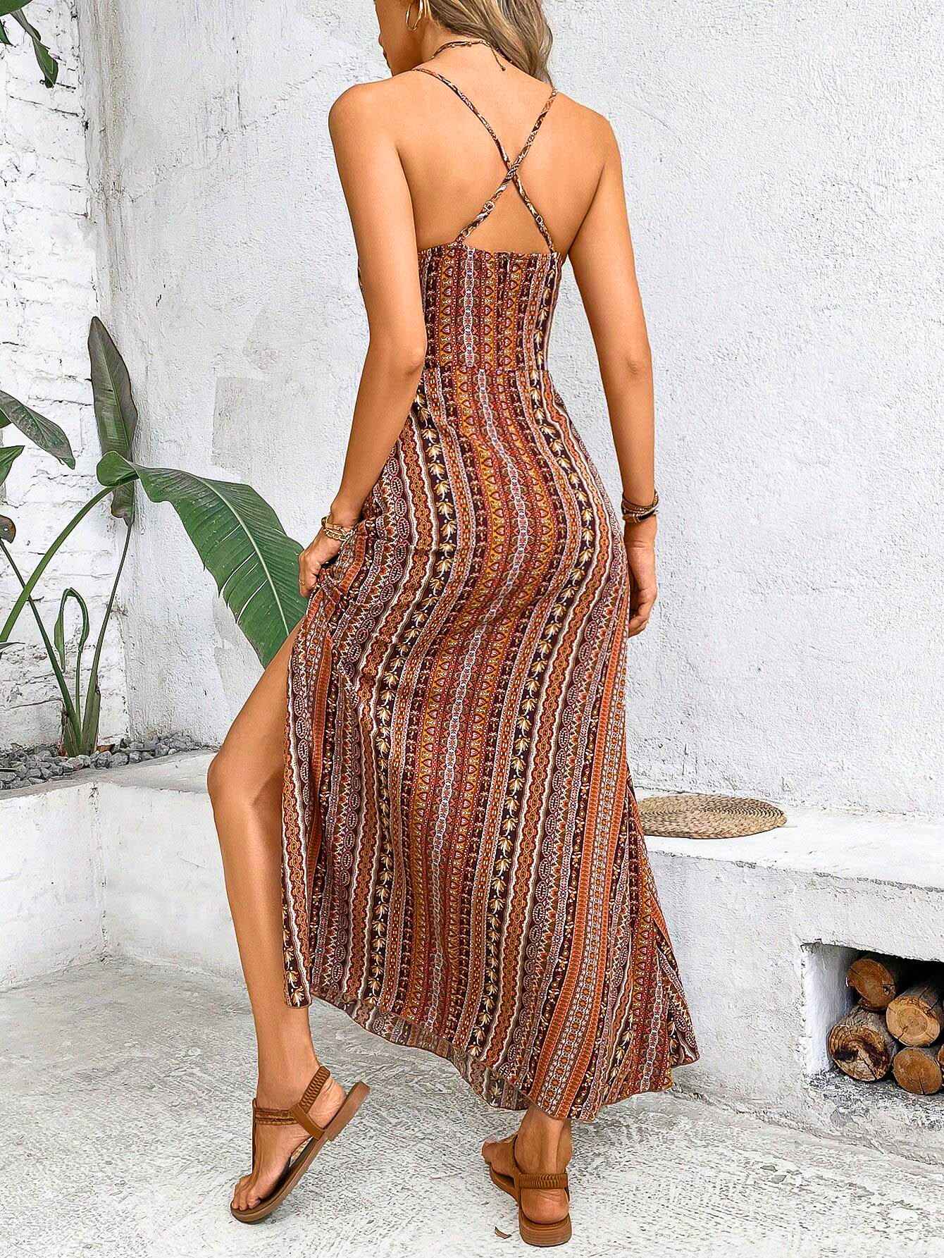 Women's Summer Ethnic Pattern Backless Split Thigh Dress Ladies Summer Clothes Boho Fashion Frill Trim Long Dress for Beach