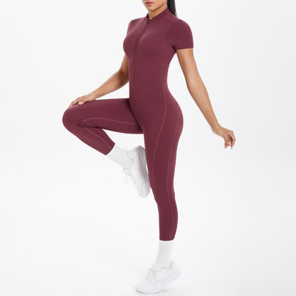 New Women's Yoga Jumpsuit Front Zipper Tight Back Hollow Out Short Sleeve-pants Activewear for Fitness Running Gym Workout