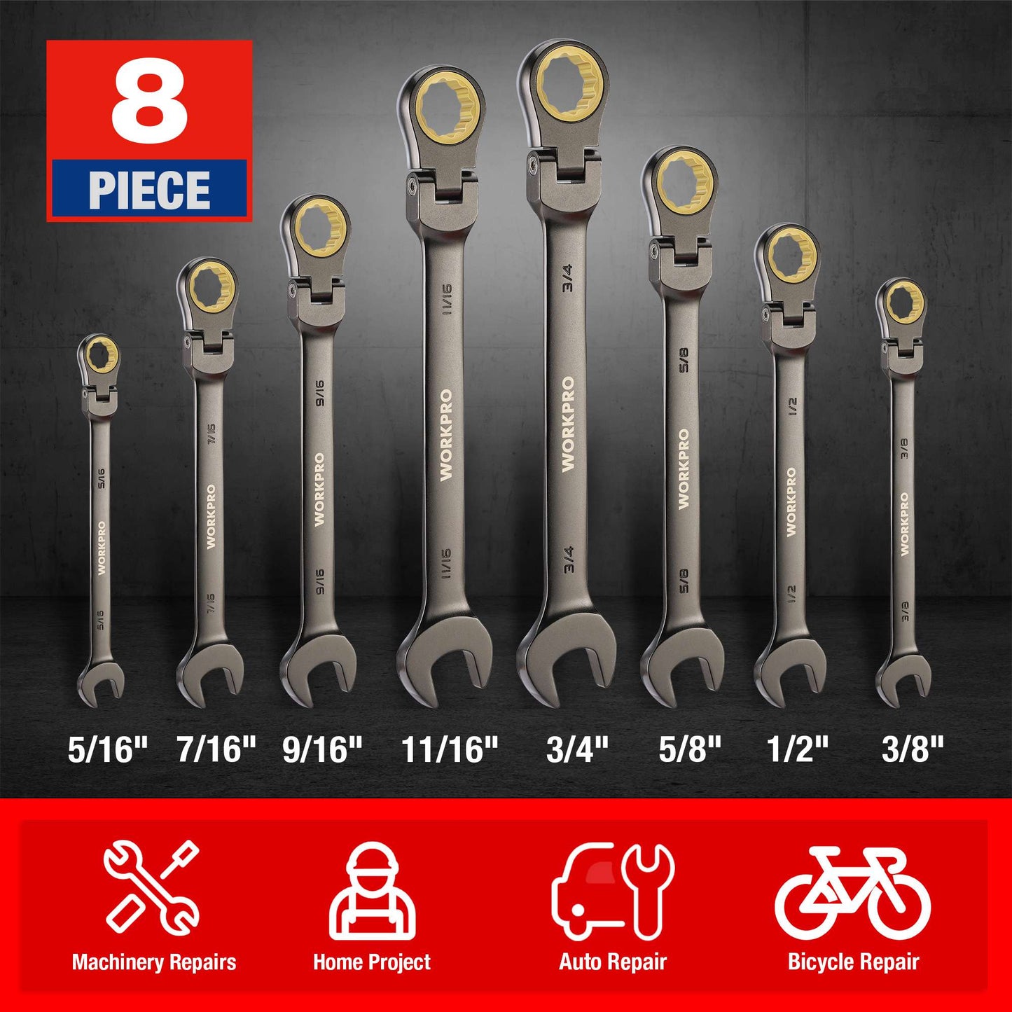 WORKPRO 8pcs Flex-Head Ratcheting Combination Wrench Set SAE 5/16-3/4 in 72-Teeth CR-V Constructed