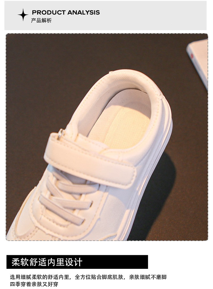 Children Casual Shoes White Pu Leather Plain Design School Kids Sneakers Unisex All-match 26-36 Four Seasons Boys Girls Shoes