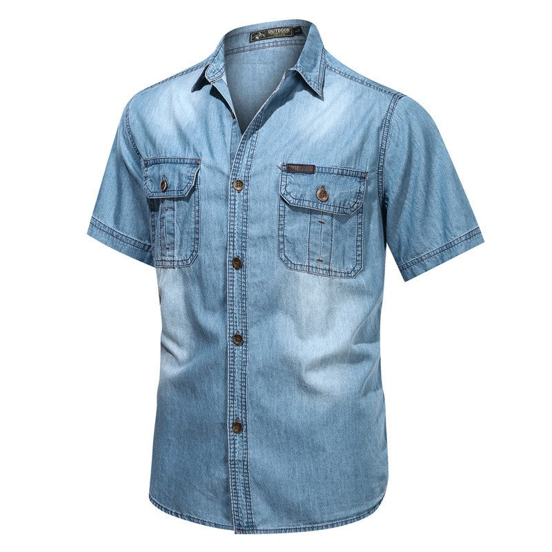 2023 Summer Denim Shirt Men Short Sleeve Cotton Outdoor Cargo Shirts High Quality Streetwear Blouses Cowboy Shirt For Men Blue