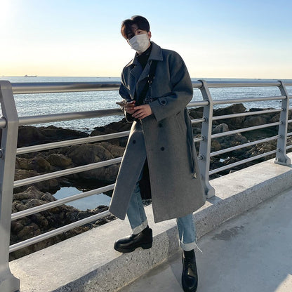 Winter Thick Woolen Coat Men Warm Fashion Solid Colors Oversized Long Wool Blends Coat Men Korean Loose Coat Mens Overcoat Q30