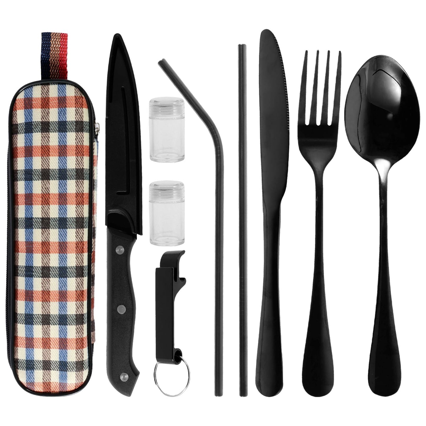 Kit de Talheres de Viagem 10 Peças com Bolsa de Armazenamento Talheres de Viagem de Aço Inoxidável Kit de Utensílios Portátil para Acampamento Kit de Talheres de Viagem