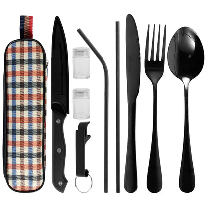 Kit de Talheres de Viagem 10 Peças com Bolsa de Armazenamento Talheres de Viagem de Aço Inoxidável Kit de Utensílios Portátil para Acampamento Kit de Talheres de Viagem