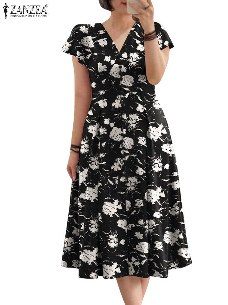 ZANZEA Woman Summer Dresses Ruffle Sleeve V-Neck Cinch Waist, Womens Elegant Flo
