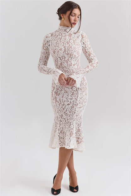 Mozision Lace Long Sleeve Sexy Midi Dress For Women Elegant White Half High Coll