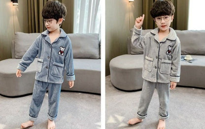 Boys Autumn Winter Thickened Flannel Coral Fleece Pajama Set Warm Kids Sleepwear Homewear
