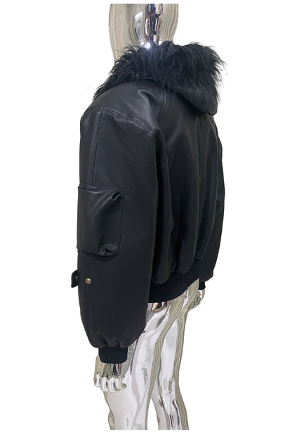 Mauroicardi Autumn Winter Short Oversized Black Warm Pu Leather Jacket Men with Faux Fur Trim Hood Loose Casual Korean Fashion