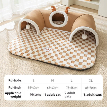 Cama de Gato de Pelúcia Quente de Inverno com Aparência de Rena Esconderijo Túnel para Gatos Brincar e Dormir Casa Integrada para Gatos Ninho para Animais de Estimação