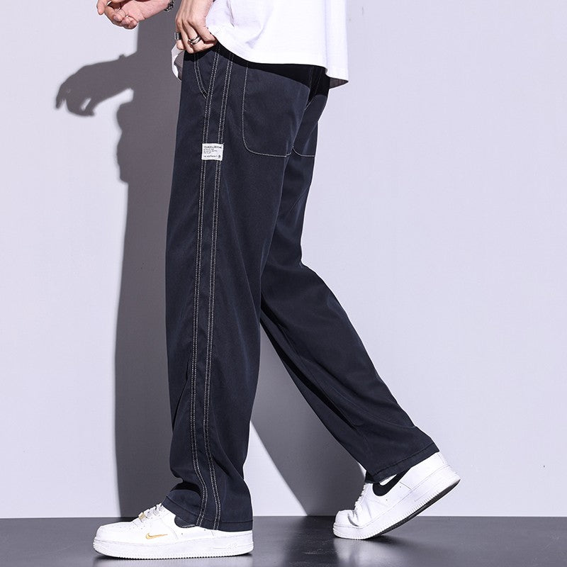 Calça Masculina de Verão Leve Fina Solta Reta Perna Larga Popular com Cordão na Cintura Elástica Coreana Tecido Lyocell Calças Folgadas