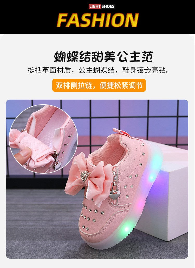 Spring Kids Shoes New Fashion Breathable Sneakers Kids Soft Non Slip Casual Girls Shoe LED Light Cute Versatile Princess Shoe