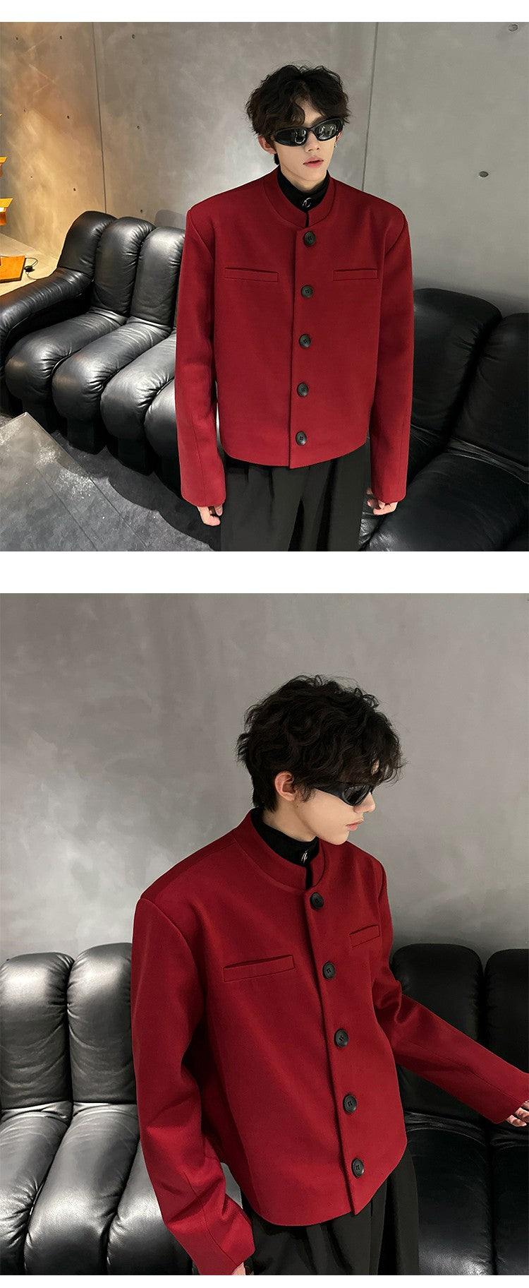 Wine Red Blazers Men Suit Jackets Casual Stand Collar Solid Color Male Short Coats Korean Trendy Men's Clothing Autumn New