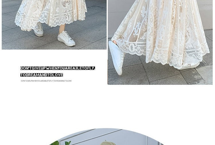 Plus Size plus Size Lace Hollow out f Skirt mid Waist Long Sle Fairy Skirt A-Line Umbrella Skirt Trendy Women's Clothing