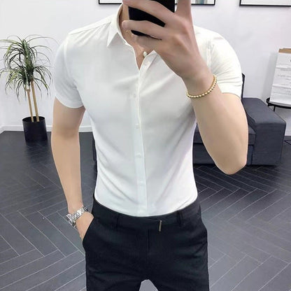 Korean Fashion Trend Casual Elastic Design Sense Short Sleeve Shirt Men's Solid Lapel Collar Button Breathable Simple Slim Tops