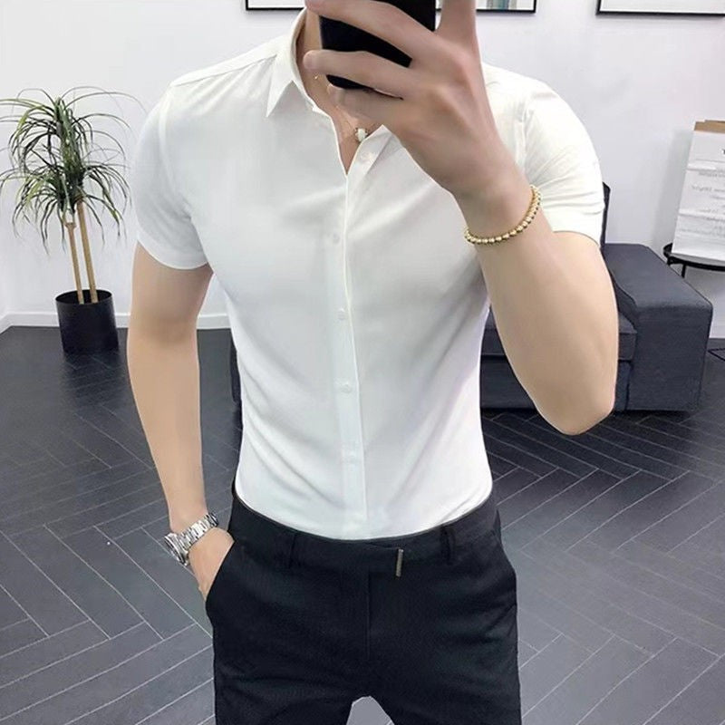 Korean Fashion Trend Casual Elastic Design Sense Short Sleeve Shirt Men's Solid Lapel Collar Button Breathable Simple Slim Tops