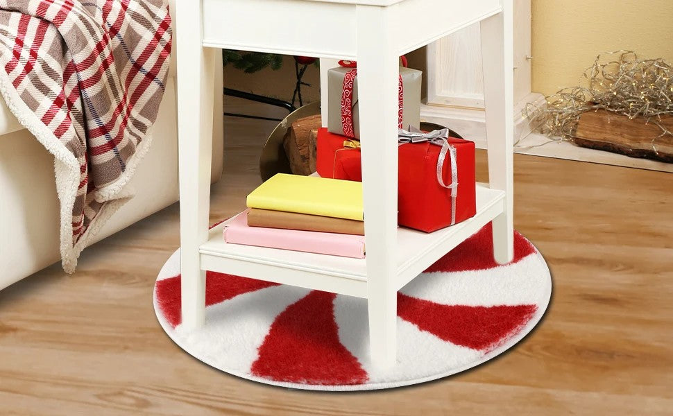 VIAMA Christmas Candy Round Floor Rug - Water-Resistant Anti-Slip Bathroom Mat - Soft Bedroom Carpet - Winter Home Decoration