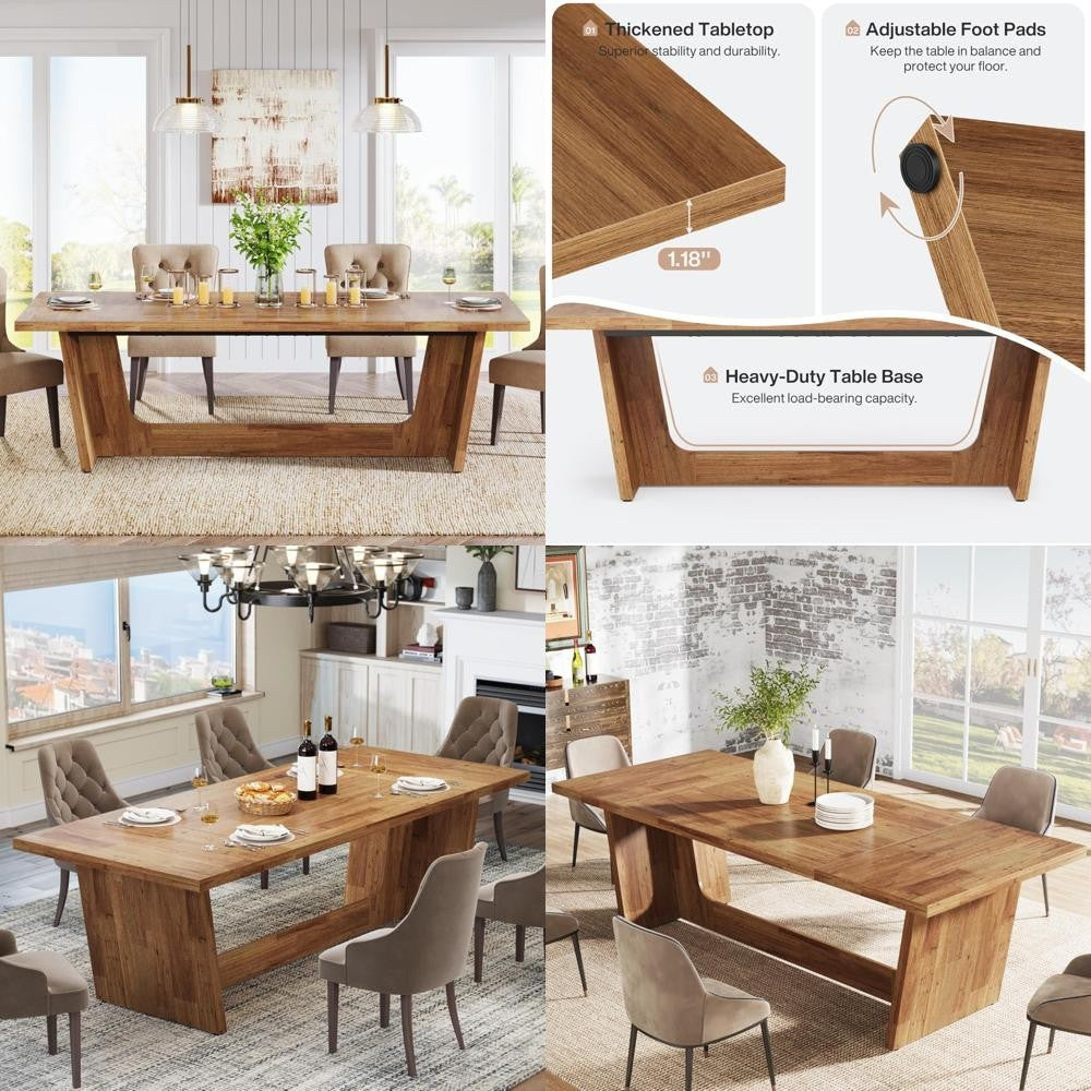 Large Rectangular Wood Dining Table for 6-8, Farmhouse Style Kitchen Table with Solid Pedestal Base