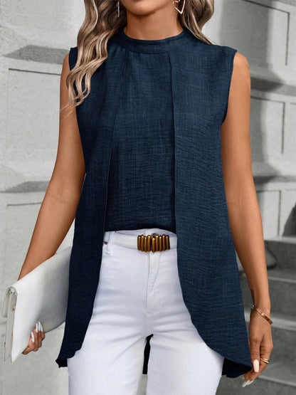 Two Fake Pieces Shirts For Women 2024 Fashion O-neck Sleeveless Shirt Tops Summer Elegant Solid Blouse Top Femme Black