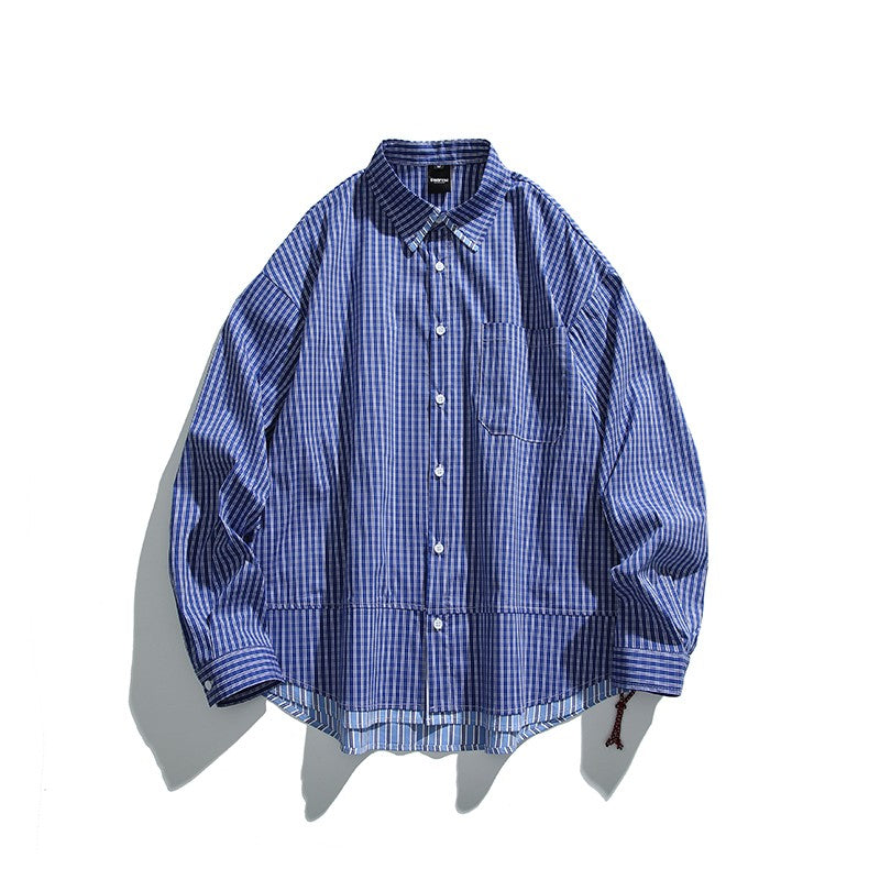 Cityboy Oversize Cargo Shirt Men Japanese Streetwear Fashion Loose Casual Plaid Splice Stripe Long Sleeve Shirts Blouses