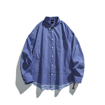 Cityboy Oversize Cargo Shirt Men Japanese Streetwear Fashion Loose Casual Plaid Splice Stripe Long Sleeve Shirts Blouses