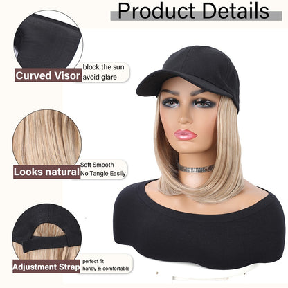 Boné de Beisebol com Extensões de Cabelo Sintético Cabelo Liso Curto Bob Chapéu Peruca Ajustável Removível 25 cm para Mulher Menina