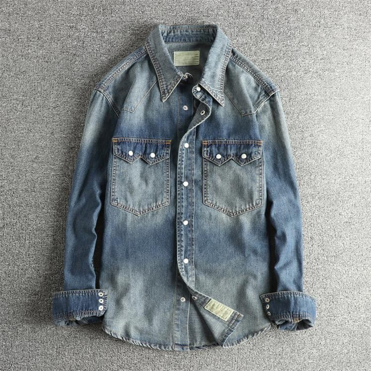 Autumn New American Retro Heavyweight Double Pocket Denim Cargo Shirt Men's Simple 100% Cotton Washed Casual Blouses Thin Jacket