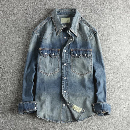 Autumn New American Retro Heavyweight Double Pocket Denim Cargo Shirt Men's Simple 100% Cotton Washed Casual Blouses Thin Jacket