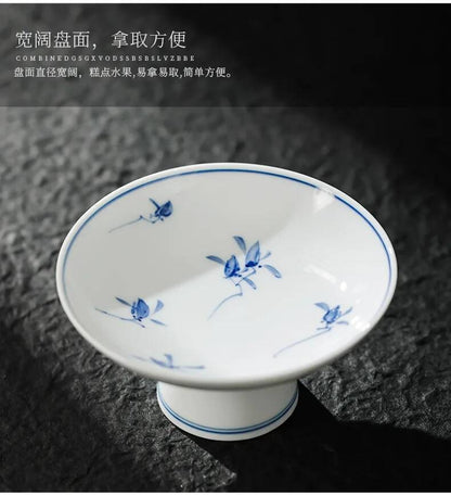 Pure Hand-painted Butterfly Orchid Fruit Plate, Dehua White Porcelain Tea Snack Living Room Table, High Footed Fruit Snack Plate