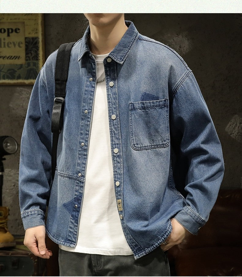 American Sle Heavyweight Men's Denim irt Loose Workwear Jaet Casual Long Sve Breathable Moisture ng Pure Color