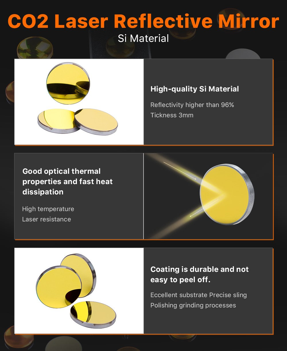 LUMENEDGE 3 Peças Espelho Si Lente Refletiva a Laser Diâmetro 19,05 20 25 30 mm Silício Banhado a Ouro para Máquina de Gravação a Laser CO2