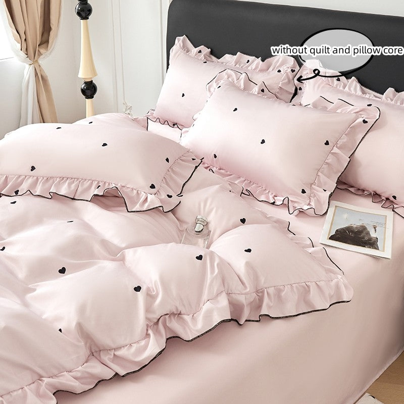Conjunto de capa de edredom coreana de renda 3 peças (1*Capa de Edredom + 2*Fronhas, Sem enchimento), Conjunto de cama com estampa de bolinhas pretas