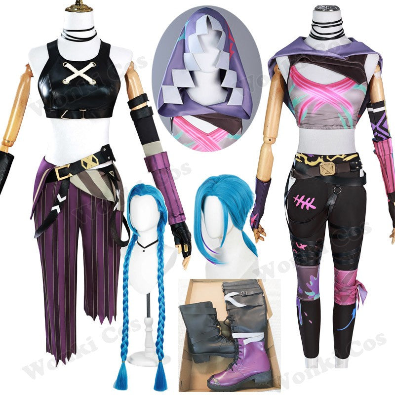 Peruca de Cabelo para Cosplay Arcane Jinx Traje Anime Sapatos Botas para Cosplay Jinx Feminino para Meninas, Mulheres, Role Play, Festa, Carnaval, Roupas