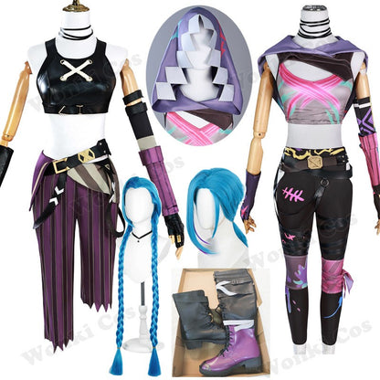 Peruca de Cabelo para Cosplay Arcane Jinx Traje Anime Sapatos Botas para Cosplay Jinx Feminino para Meninas, Mulheres, Role Play, Festa, Carnaval, Roupas