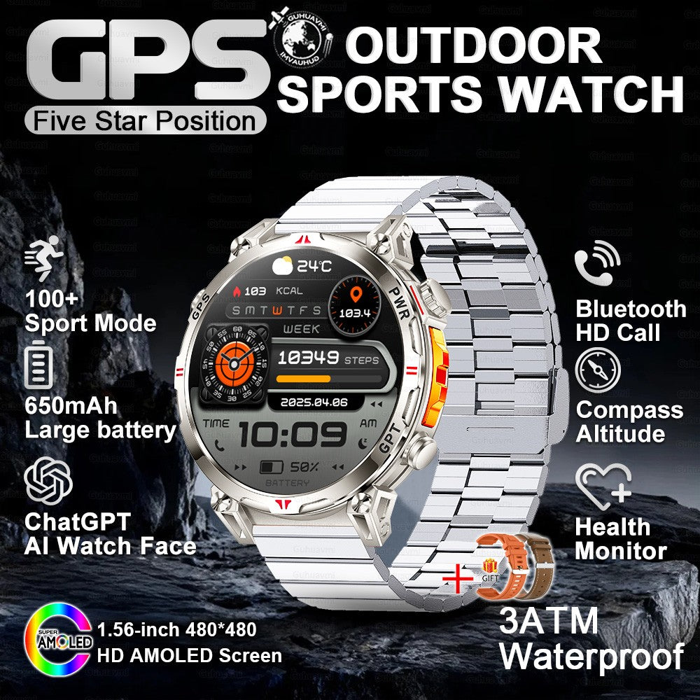 2025 Novo Relógio Inteligente Militar GPS para Exteriores Masculino 650mAh Bússola Altímetro 10ATM à Prova D'água Frequência Cardíaca Chamada Esportiva Smartwatch