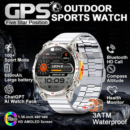 2025 Novo Relógio Inteligente Militar GPS para Exteriores Masculino 650mAh Bússola Altímetro 10ATM à Prova D'água Frequência Cardíaca Chamada Esportiva Smartwatch