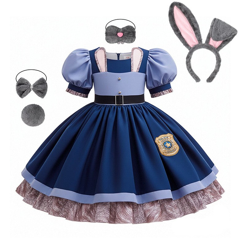 Kids Girls Cute Rabbit Police Officer Fancy Costume Dress Outfit for Halloween Cosplay Birthday Purim Carnival Stage Party Wear