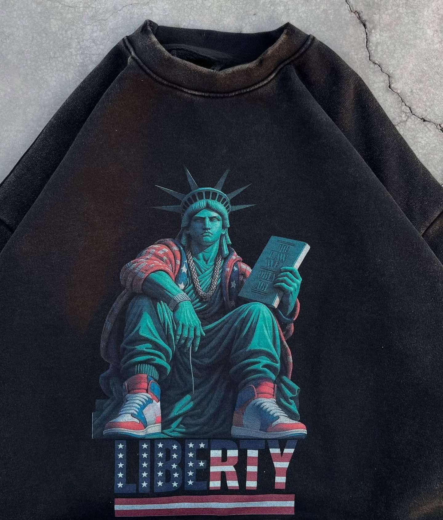 Y2K Washed Distressed Black Round Neck Pullover Sweatshirt Men Women Casual Goth Harajuku Hip Hop Character Graphic Print Hoodie