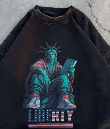 Y2K Washed Distressed Black Round Neck Pullover Sweatshirt Men Women Casual Goth Harajuku Hip Hop Character Graphic Print Hoodie