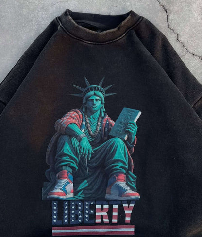 Y2K Washed Distressed Black Round Neck Pullover Sweatshirt Men Women Casual Goth Harajuku Hip Hop Character Graphic Print Hoodie