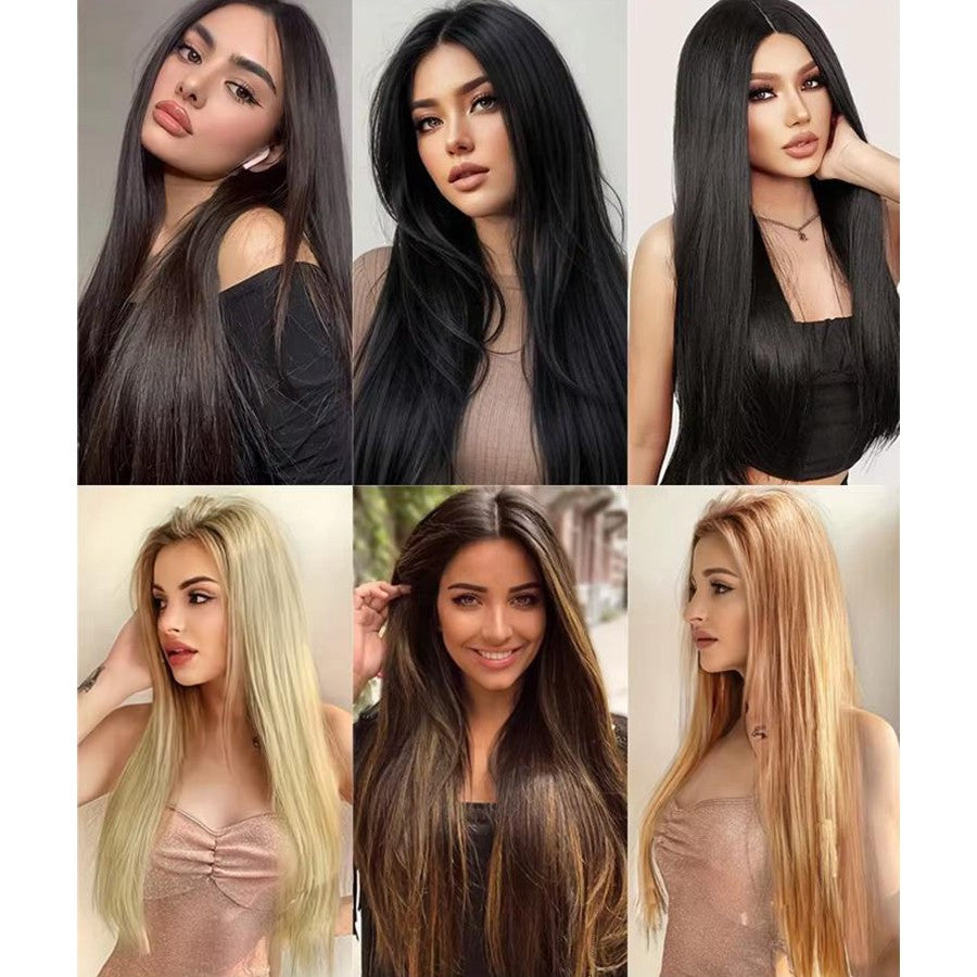 Peruca sintética longa reta em V com meia cabeça adequada para mulheres com cabelo preto e castanho, com presilha, preta, castanha, natural