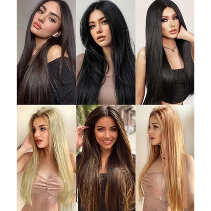 Peruca sintética longa reta em V com meia cabeça adequada para mulheres com cabelo preto e castanho, com presilha, preta, castanha, natural