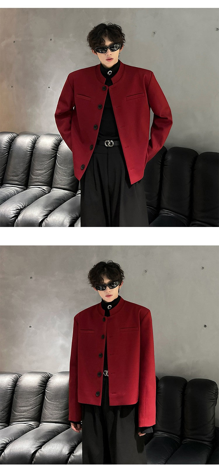 Wine Red Blazers Men Suit Jackets Casual Stand Collar Solid Color Male Short Coats Korean Trendy Men's Clothing Autumn New