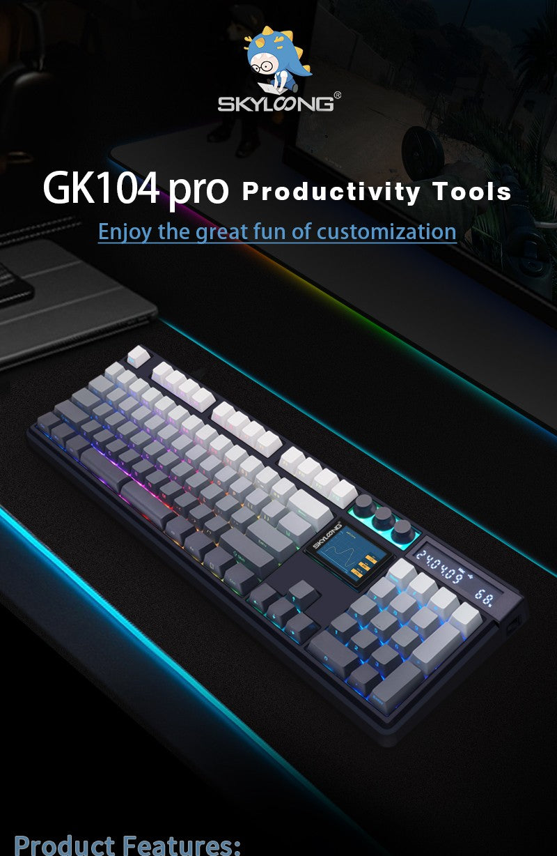 SKYLOONG GK104 Pro Full-Size 3-Mode Wireless Mechanical Keyboard with 3.0 Screen 3 Knobs Hot-Swappable Silent Switch PBT keycaps