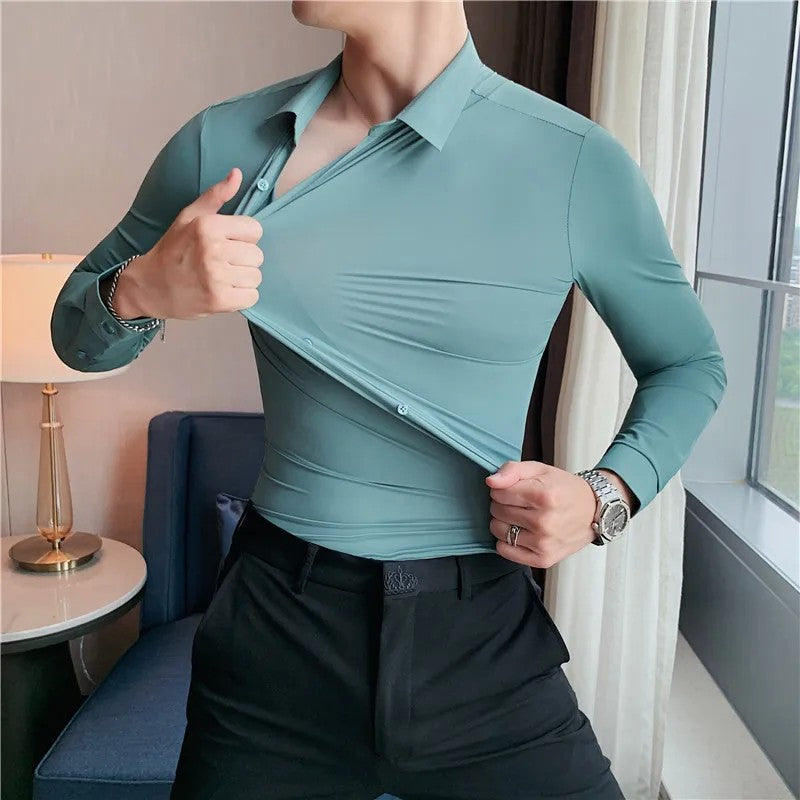 Men's Long Sleeved Elastic Shirt No Ironing Business Wear Professional Workwear Stand Up Collar Shirt Casual Solid Color Shirt