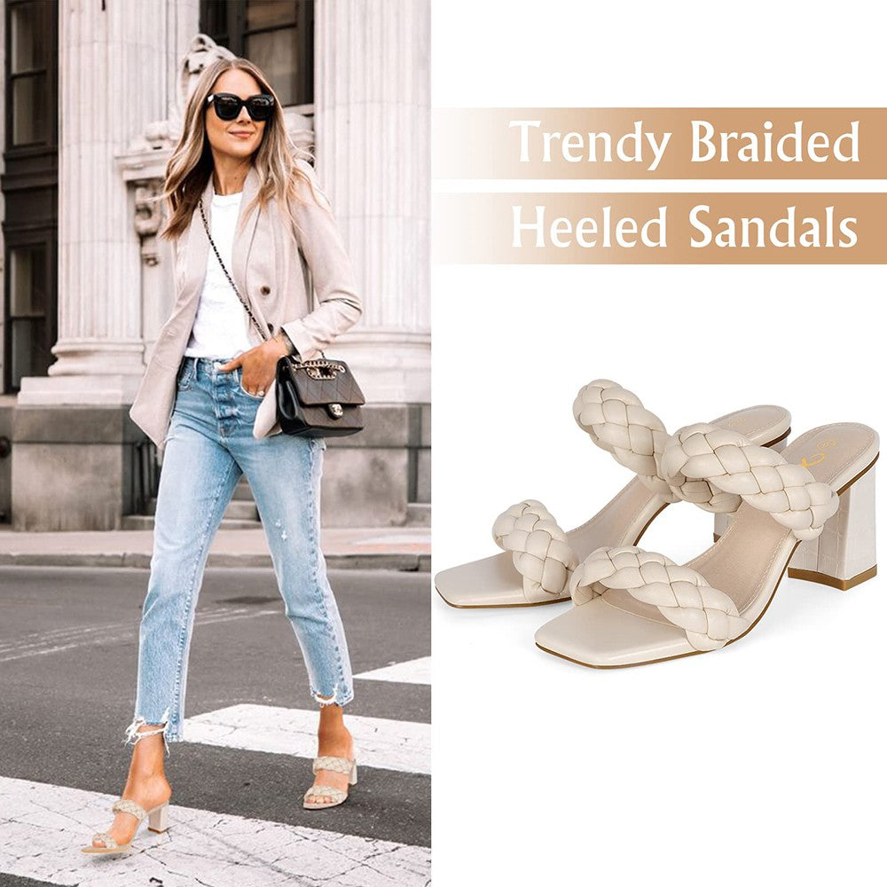 Elegant Women's Braided Heels Sandalias Fashion Strappy Square Sandals Open Toe Backless Mules Slip On Block Heeled Shoes