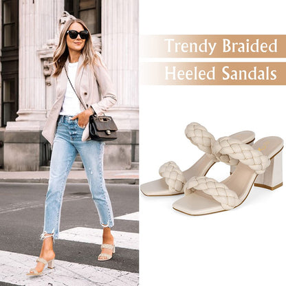 Elegant Women's Braided Heels Sandalias Fashion Strappy Square Sandals Open Toe Backless Mules Slip On Block Heeled Shoes