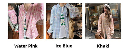 Ice Blue Plaid Long Sleeve Shirt Unisex Premium Cleanfit Denim Fabric V-neck Open Cardigan Style Holiday Vibes Short Length