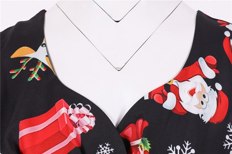 Fashion V-neck Short Sleeve Printed Christmas Dress Large Swing Vintage Elegant Xmas Party Dress