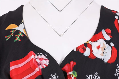 Fashion V-neck Short Sleeve Printed Christmas Dress Large Swing Vintage Elegant Xmas Party Dress